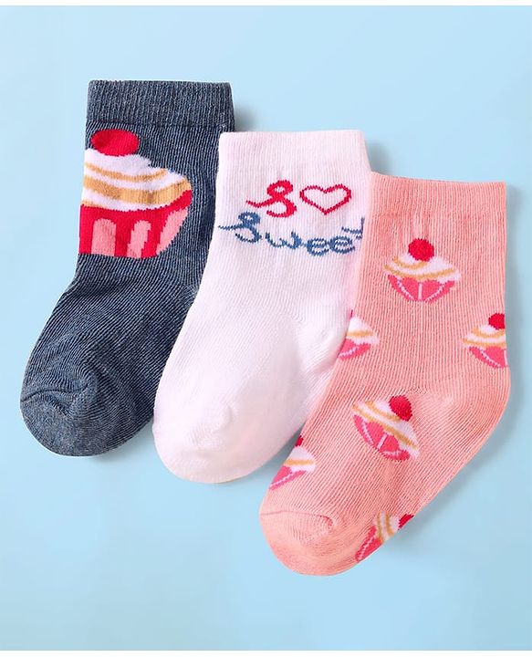 Cute Walk by Babyhug Knit Ankle Length Socks With Text Design Pack of 3 - Pink White & Grey