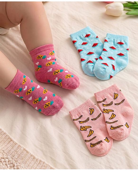 Cute Walk by Babyhug Knit Ankle Length Socks With Fruit Design Pack of 3 - Pink & Blue