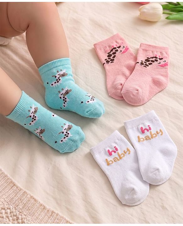 Cute Walk By Babyhug Anti-Bacterial Ankle Length Socks With Text & Aminal Design Pack Of 3 - Pink & Light Blue