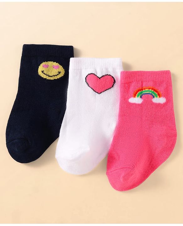 Cute Walk by Babyhug Knit Ankle Length Socks With Heart Design Pack of 3 - Dark Pink Black & White