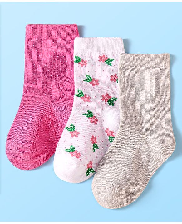 Cute Walk by Babyhug Anti-Bacterial Ankle Length Socks with Solid & Floral Design Pack of 3 - Dark Pink White & Grey