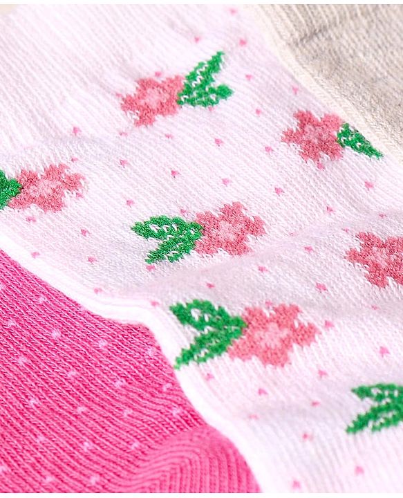 Cute Walk by Babyhug Anti-Bacterial Ankle Length Socks with Solid & Floral Design Pack of 3 - Dark Pink White & Grey