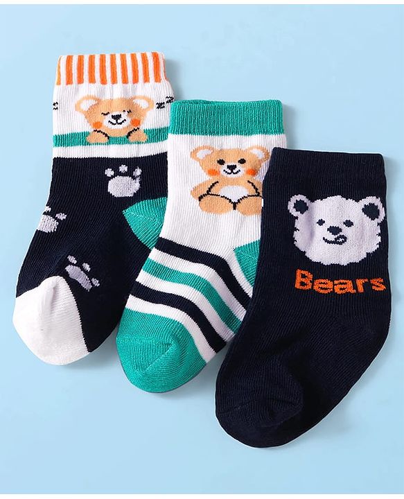 Cute Walk by Babyhug Knit Ankle Length Socks With Animal Design Pack of 3 - Black White & Green