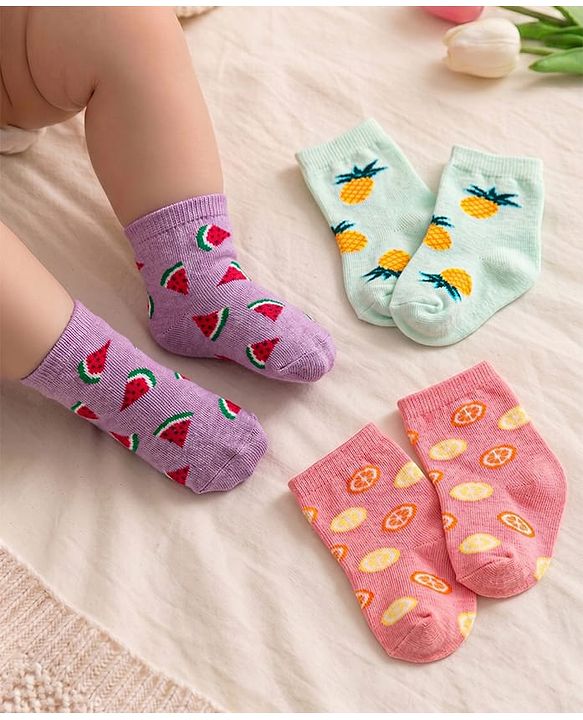 Cute Walk by Babyhug Knit Ankle Length Socks With Fruit Design Pack of 3 - Purple White & Dark Pink