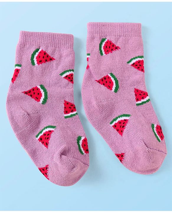 Cute Walk by Babyhug Knit Ankle Length Socks With Fruit Design Pack of 3 - Purple White & Dark Pink