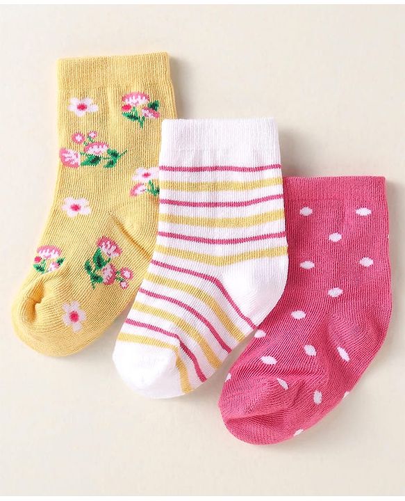 Cute Walk By Babyhug Anti-Bacterial Ankle Length Pack of 3 With Floral Stripe & Polka Dot Print - White Pink & Yellow