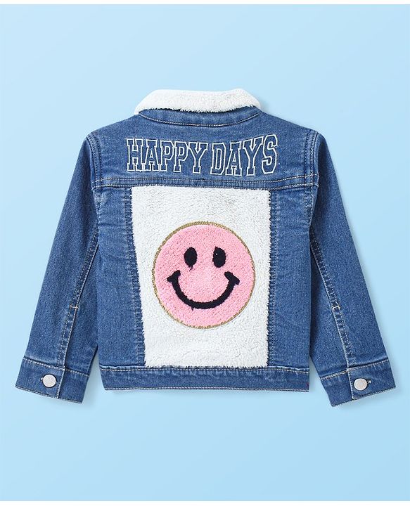 Babyhug Denim Washed Full Sleeves Jackets With Pockets  & Smiley Embroidery In Back - Navy Blue