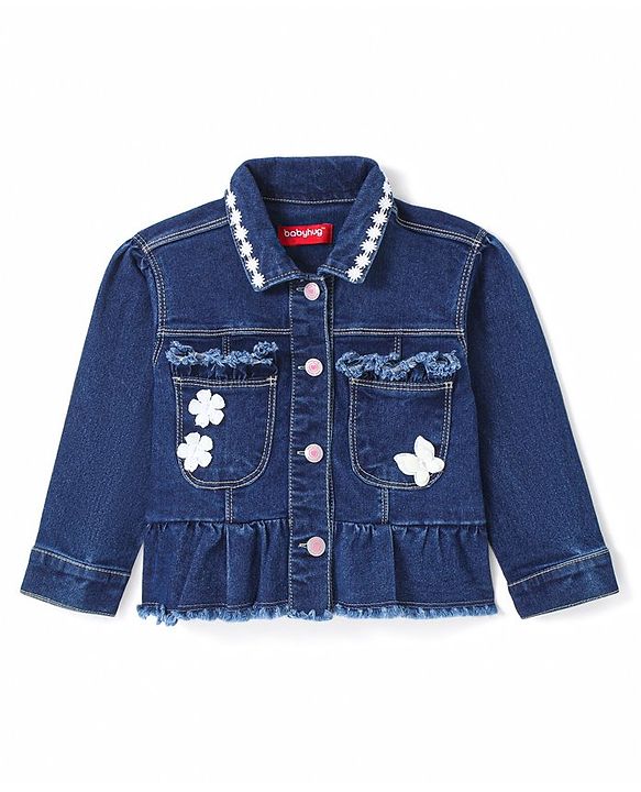 Babyhug Denim Washed Full Sleeves Jacket With Pockets & Floral Applique - Navy Blue