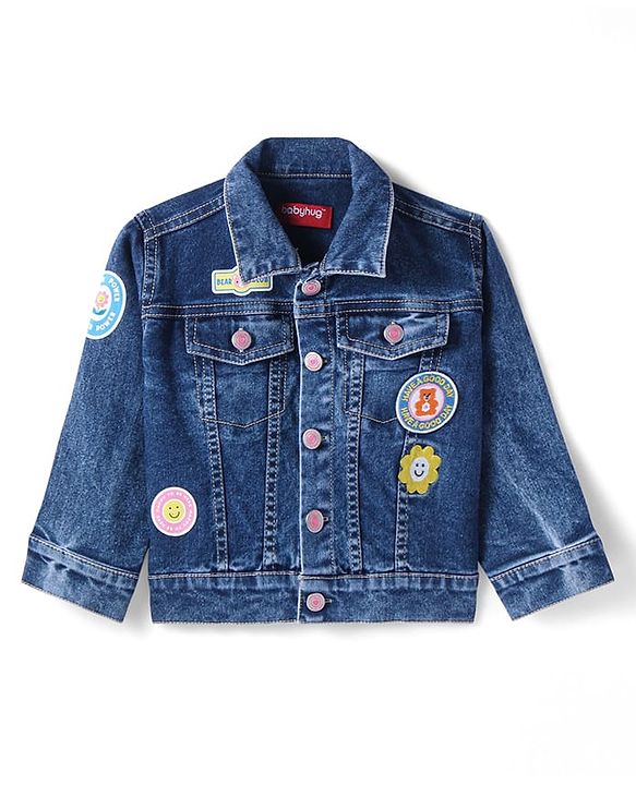 Babyhug Full Sleeves Washed Denim Jacket with Floral & Bear Print - Blue