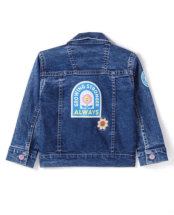 Babyhug Full Sleeves Washed Denim Jacket with Floral & Bear Print - Blue