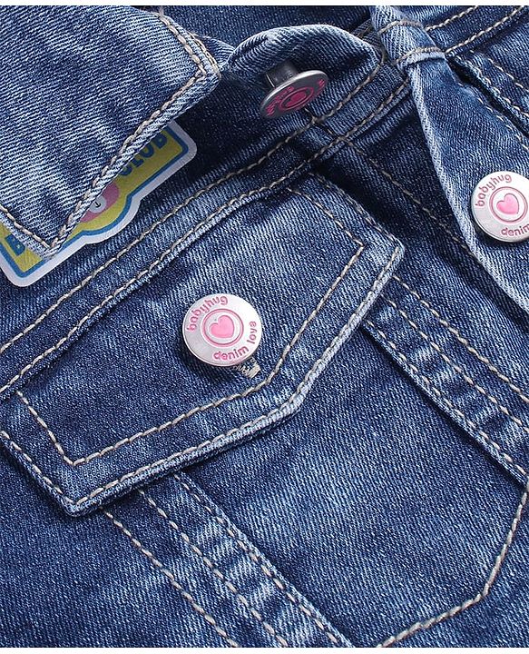 Babyhug Full Sleeves Washed Denim Jacket with Floral & Bear Print - Blue