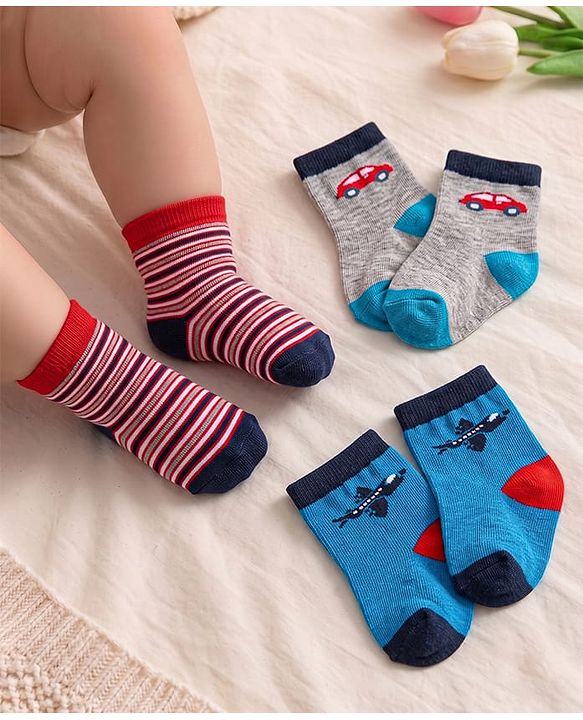 Cute Walk by Babyhug Knit Ankle Length Striped Socks With Vehicle Design Pack of 3 - Red Grey & Blue