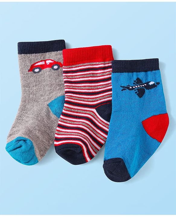 Cute Walk by Babyhug Knit Ankle Length Striped Socks With Vehicle Design Pack of 3 - Red Grey & Blue