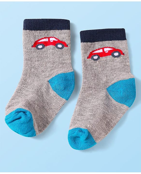 Cute Walk by Babyhug Knit Ankle Length Striped Socks With Vehicle Design Pack of 3 - Red Grey & Blue