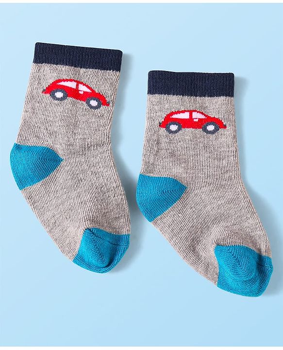 Cute Walk by Babyhug Knit Ankle Length Striped Socks With Vehicle Design Pack of 3 - Red Grey & Blue