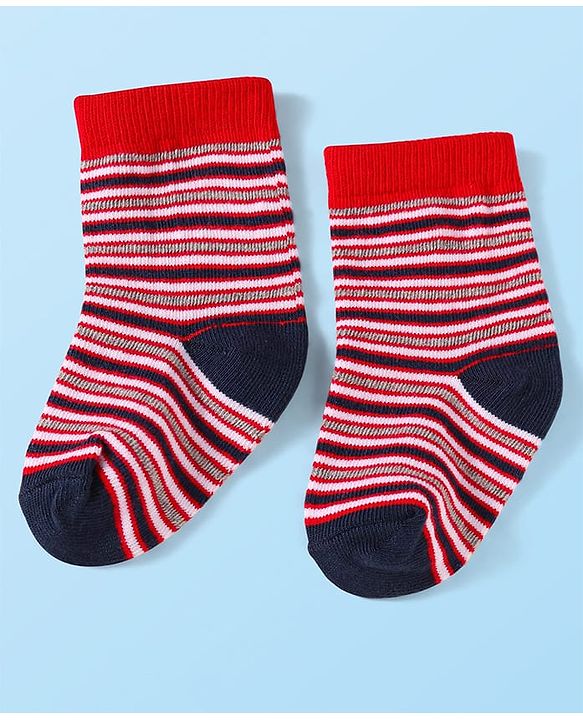 Cute Walk by Babyhug Knit Ankle Length Striped Socks With Vehicle Design Pack of 3 - Red Grey & Blue
