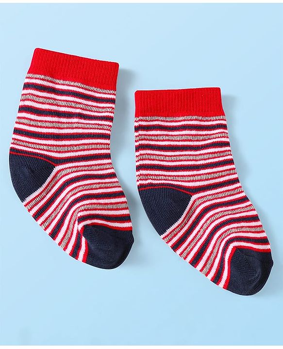 Cute Walk by Babyhug Knit Ankle Length Striped Socks With Vehicle Design Pack of 3 - Red Grey & Blue
