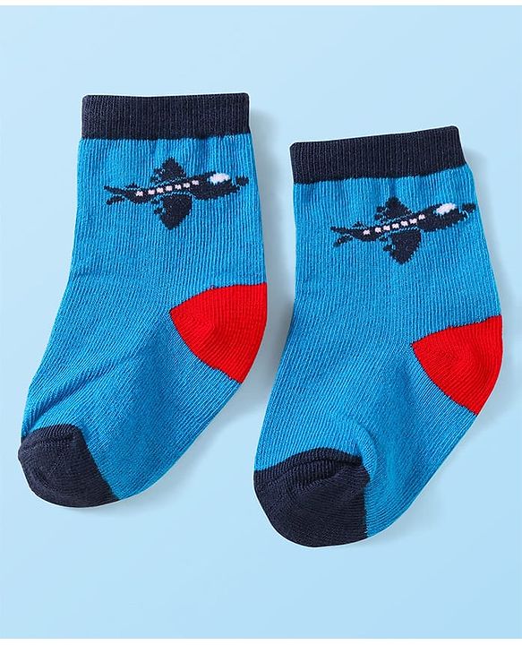 Cute Walk by Babyhug Knit Ankle Length Striped Socks With Vehicle Design Pack of 3 - Red Grey & Blue