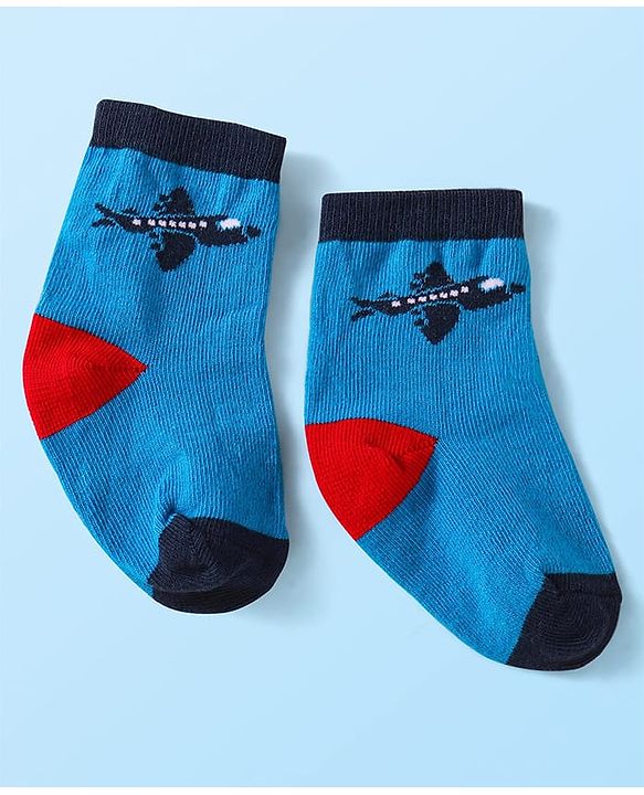 Cute Walk by Babyhug Knit Ankle Length Striped Socks With Vehicle Design Pack of 3 - Red Grey & Blue