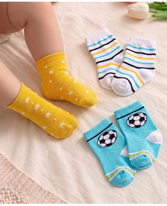 Cute Walk By Babyhug Anti-Bacterial Ankle Length Socks With Stripe & Star Design Pack Of 3 - Yellow & Light Blue