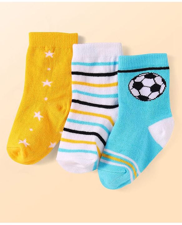 Cute Walk By Babyhug Anti-Bacterial Ankle Length Socks With Stripe & Star Design Pack Of 3 - Yellow & Light Blue