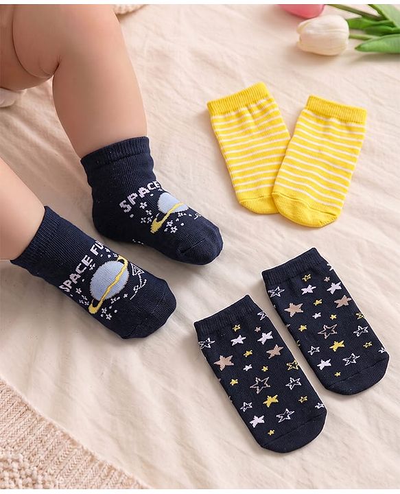 Cute Walk by Babyhug Knit Ankle Length Socks With Space Theme Design Pack of 3 - Yellow & Black