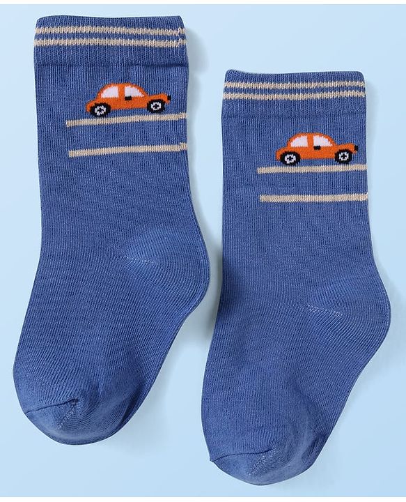Cute Walk by Babyhug Knit Ankle Length Socks With Vehicle Design Pack of 3 - White Black & Blue