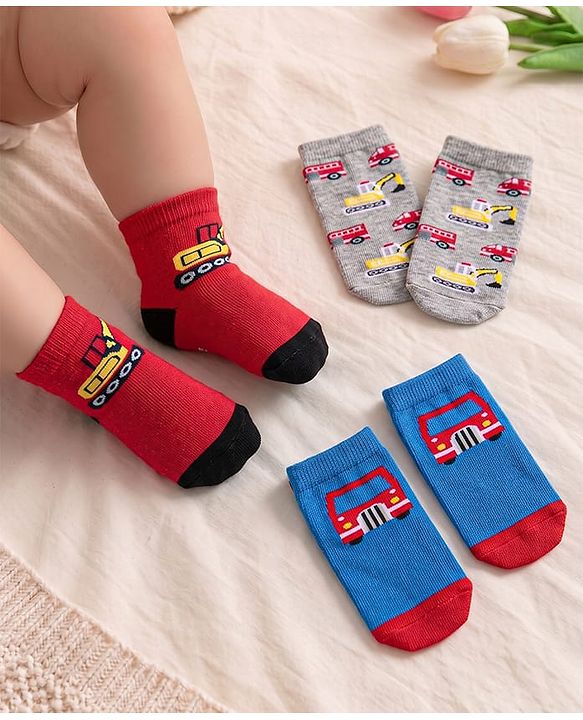 Cute Walk by Babyhug Anti-Bacterial Ankle Length Socks with Car & Truck Design Pack of 3 - Blue Red & Grey