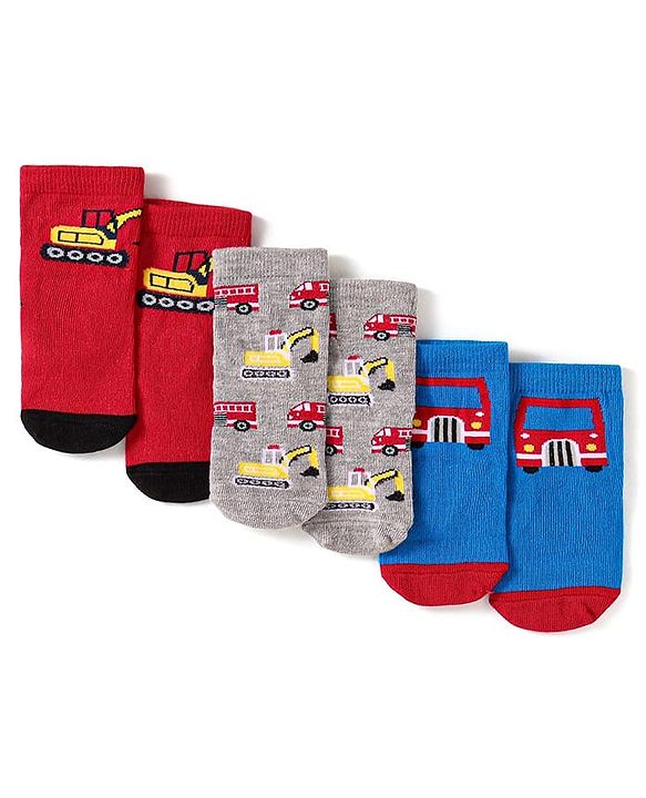 Cute Walk by Babyhug Anti-Bacterial Ankle Length Socks with Car & Truck Design Pack of 3 - Blue Red & Grey