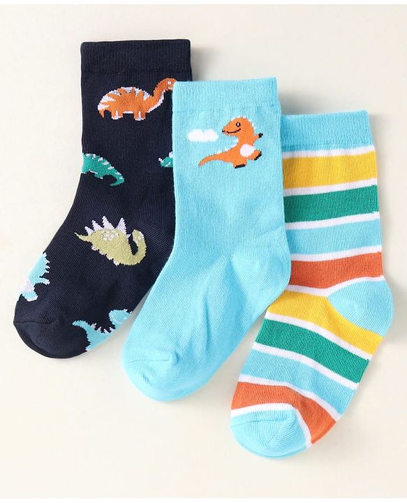 Cute Walk by Babyhug Knit Ankle Length Socks With Dino Design Pack of 3 - Light Blue & Black