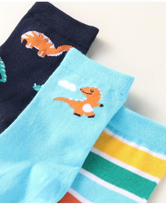 Cute Walk by Babyhug Knit Ankle Length Socks With Dino Design Pack of 3 - Light Blue & Black