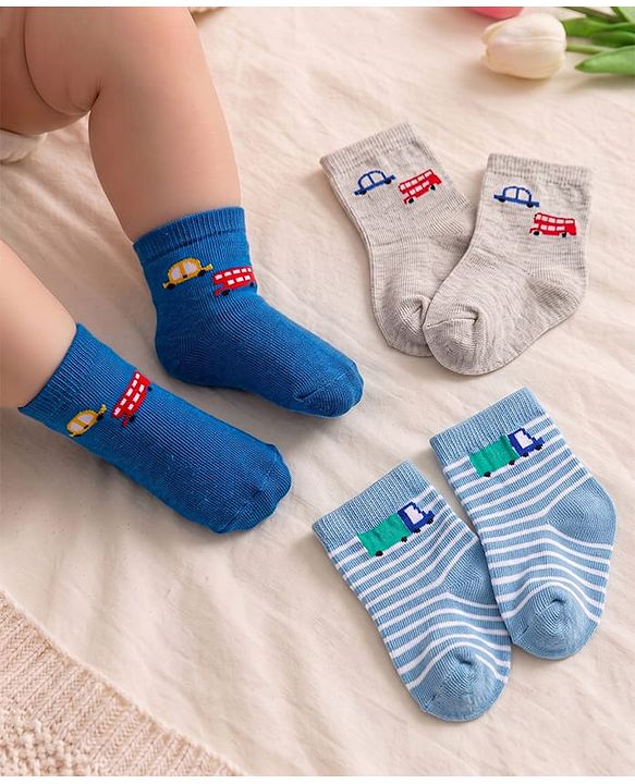 Cute Walk by Babyhug Knit Ankle Length Socks With Vehicle Design Pack of 3 - Blue & Grey