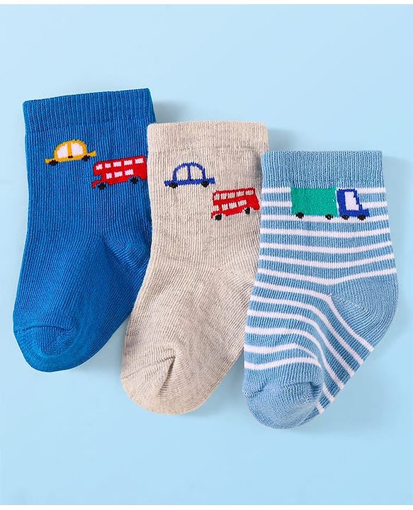 Cute Walk by Babyhug Knit Ankle Length Socks With Vehicle Design Pack of 3 - Blue & Grey