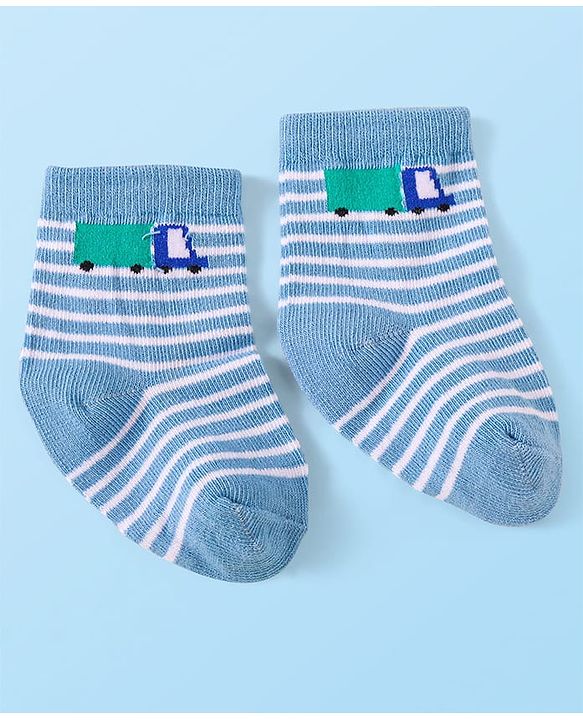 Cute Walk by Babyhug Knit Ankle Length Socks With Vehicle Design Pack of 3 - Blue & Grey