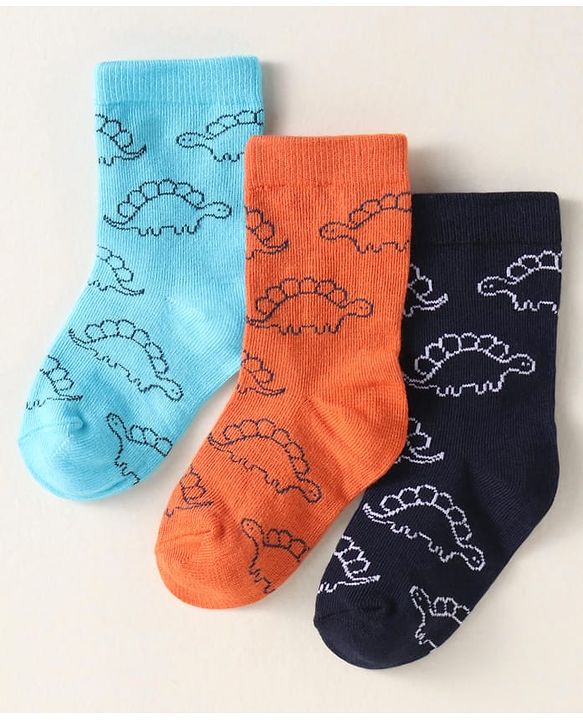 Cute Walk By Babyhug Anti-Bacterial Ankle Length Pack of 3 Socks With Dino Print - Brown & Navy Blue