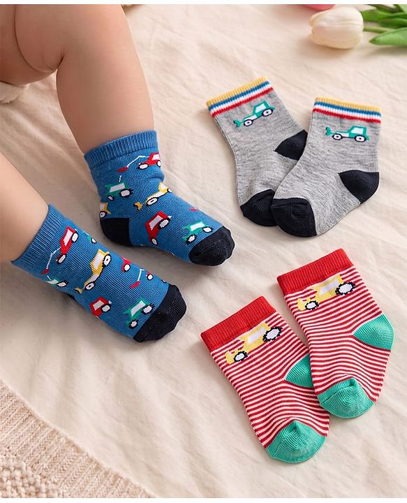 Cute Walk By Babyhug Anti-Bacterial Ankle Length Pack of 3 With Vehicle Print - Grey Blue & Red