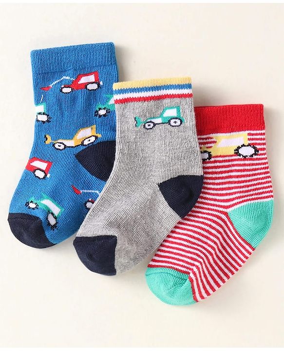 Cute Walk By Babyhug Anti-Bacterial Ankle Length Pack of 3 With Vehicle Print - Grey Blue & Red