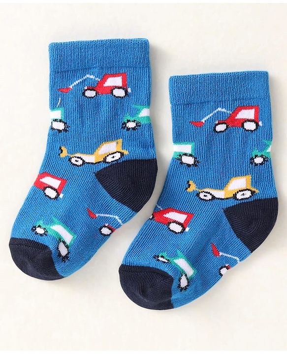Cute Walk By Babyhug Anti-Bacterial Ankle Length Pack of 3 With Vehicle Print - Grey Blue & Red