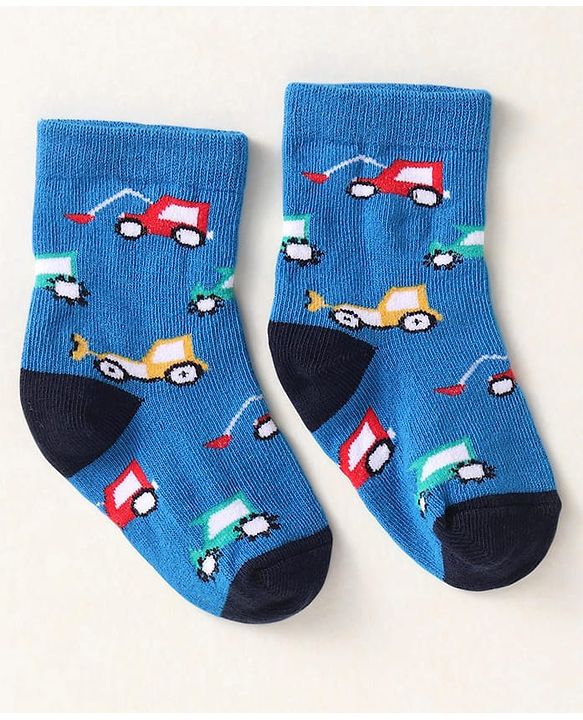 Cute Walk By Babyhug Anti-Bacterial Ankle Length Pack of 3 With Vehicle Print - Grey Blue & Red