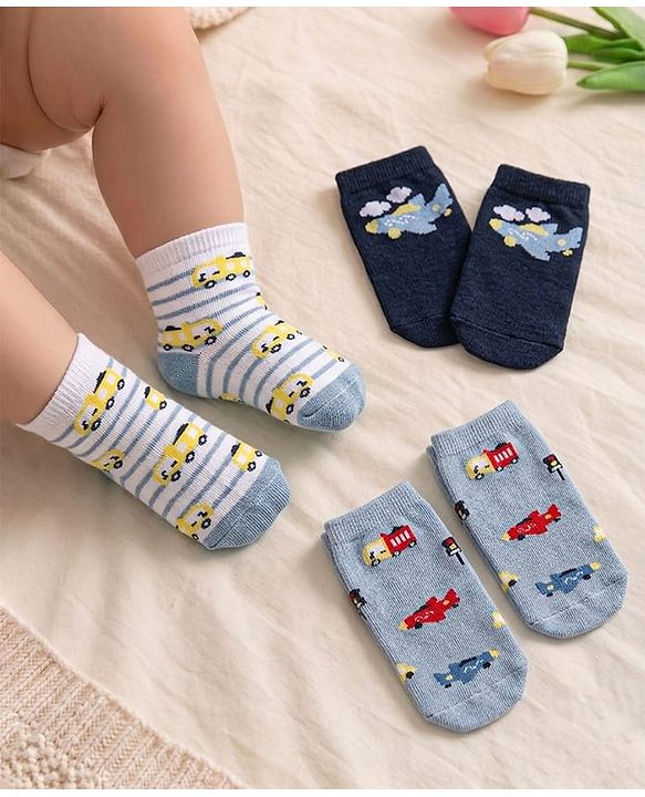 Cute Walk by Babyhug Knit Ankle Length Anti Bacterial Socks with Vehicle Design Pack of 3 - Navy Blue White & Grey