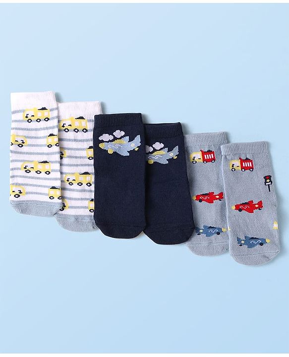 Cute Walk by Babyhug Knit Ankle Length Anti Bacterial Socks with Vehicle Design Pack of 3 - Navy Blue White & Grey