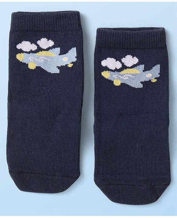 Cute Walk by Babyhug Knit Ankle Length Anti Bacterial Socks with Vehicle Design Pack of 3 - Navy Blue White & Grey
