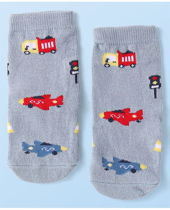 Cute Walk by Babyhug Knit Ankle Length Anti Bacterial Socks with Vehicle Design Pack of 3 - Navy Blue White & Grey