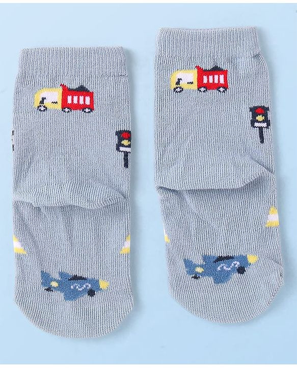 Cute Walk by Babyhug Knit Ankle Length Anti Bacterial Socks with Vehicle Design Pack of 3 - Navy Blue White & Grey