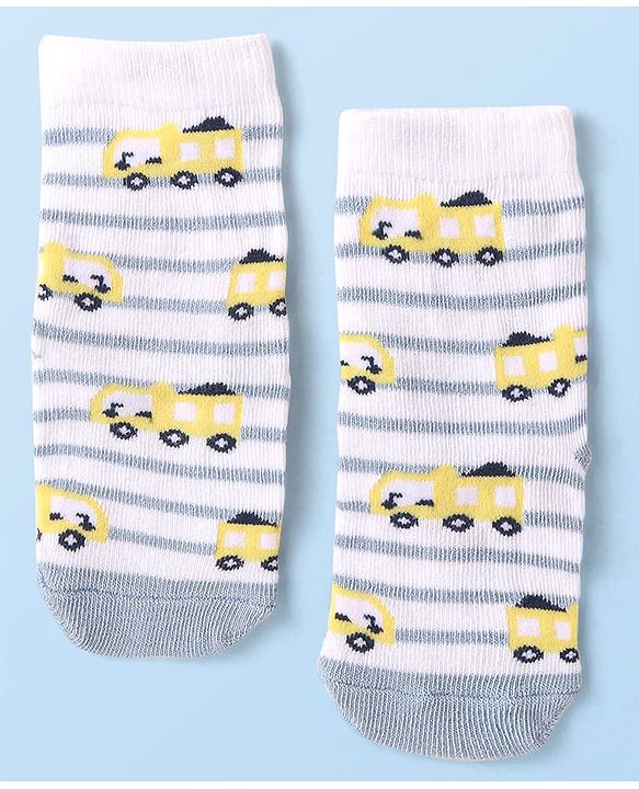 Cute Walk by Babyhug Knit Ankle Length Anti Bacterial Socks with Vehicle Design Pack of 3 - Navy Blue White & Grey