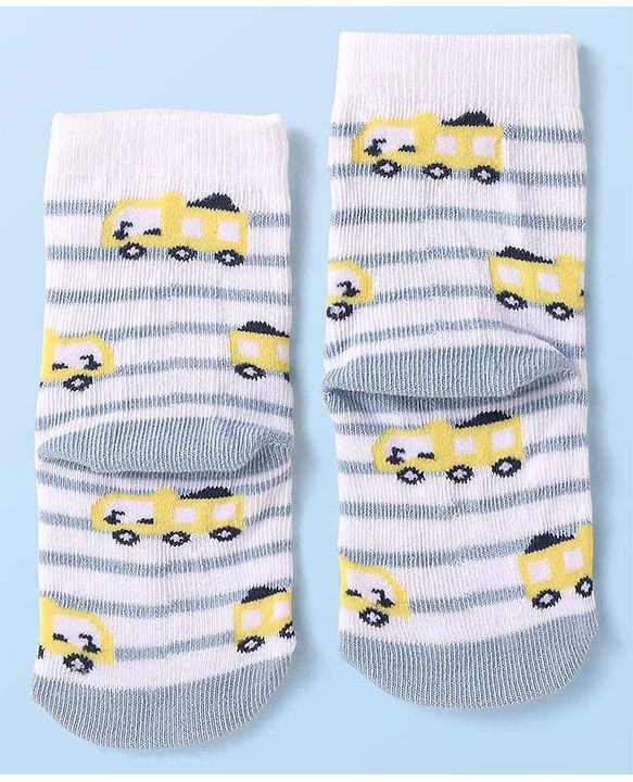 Cute Walk by Babyhug Knit Ankle Length Anti Bacterial Socks with Vehicle Design Pack of 3 - Navy Blue White & Grey