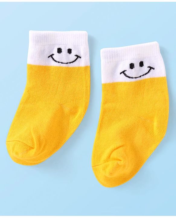 Cute Walk By Babyhug Cotton Knit Anti-Bacterial Ankle Length Socks With Smiley Design Pack of 3 - Yellow White & Grey