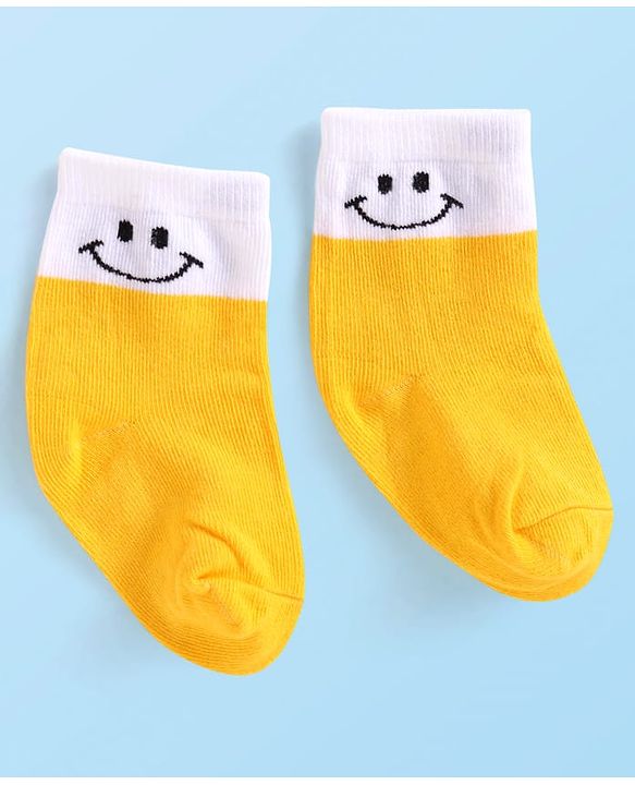 Cute Walk By Babyhug Cotton Knit Anti-Bacterial Ankle Length Socks With Smiley Design Pack of 3 - Yellow White & Grey