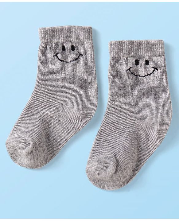 Cute Walk By Babyhug Cotton Knit Anti-Bacterial Ankle Length Socks With Smiley Design Pack of 3 - Yellow White & Grey