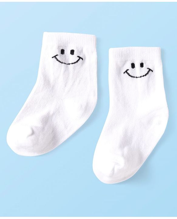 Cute Walk By Babyhug Cotton Knit Anti-Bacterial Ankle Length Socks With Smiley Design Pack of 3 - Yellow White & Grey